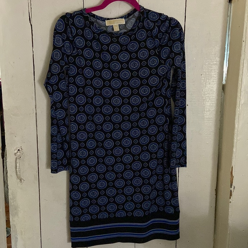 Michael Kors long sleeve patterned dress blue xs